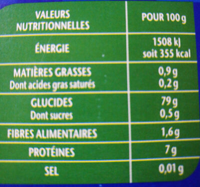 Riz long grain Incollable - Tableau nutritionnel - fr