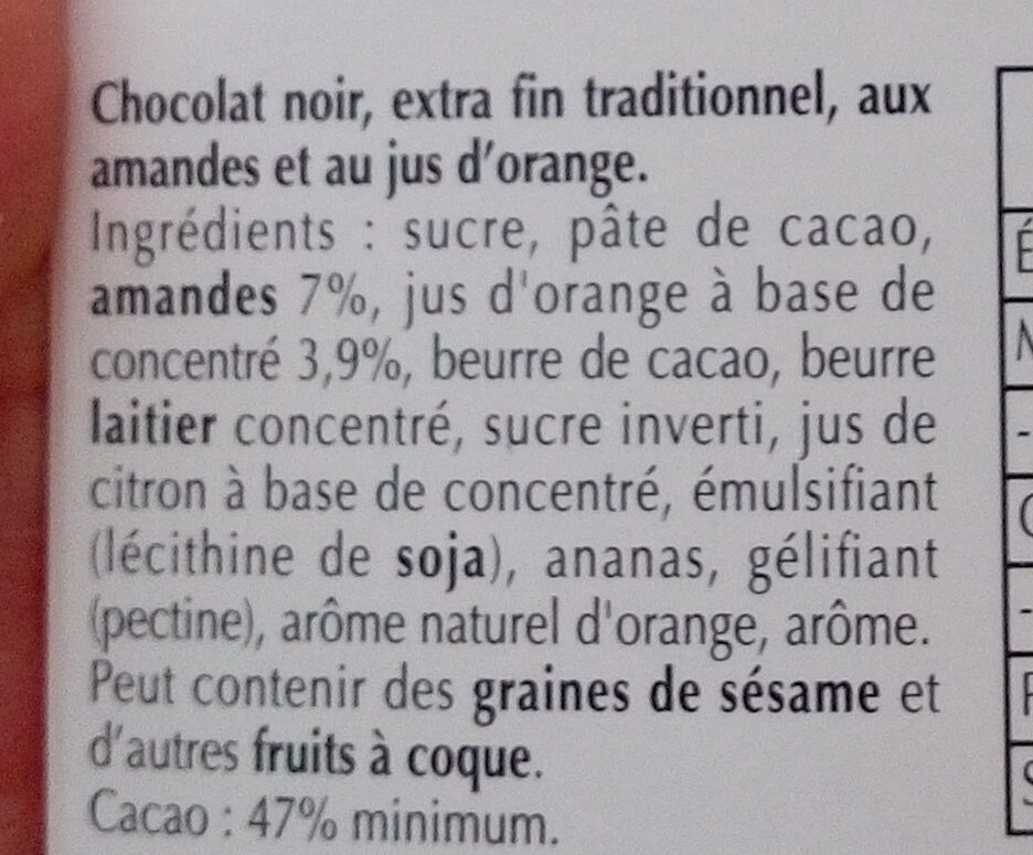 Excellence - Chocolat noir orange intense aux amandes effilées - Ingrédients - fr