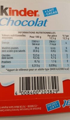 Kinder Chocolat chocolat au lait avec fourrage au lait x12 barres - Informations nutritionnelles - fr