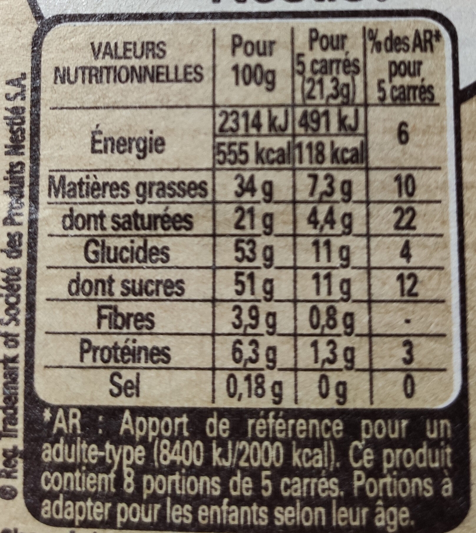 NESTLE DESSERT Chocolat au Lait - Informations nutritionnelles - fr